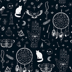 Occult mistyca halloween witch hand drawn seamless vector pattern