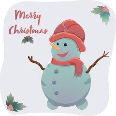 Lettering Merry Christmas with snowman in hat and scarf vector flat illustration. Holly, christmas card, poster. New year style, holidays vibes, christmas mood.