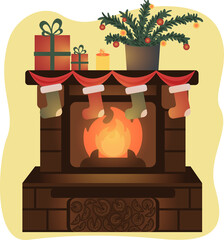 Fireplace and with christmas decorations vector flat illustration. Fireplace with fire and socks, gifts, candle and spruce. New year style, holidays vibes, Christmas mood, Christmas tree.