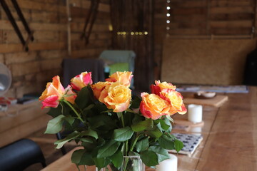 bouquet of yellow-red roses and flowers