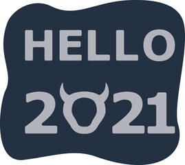 Text Hello 2021 year with a cow.  Lettering Hello 2021 with a bull. Gray letters on blue background. Symbol of the new year. Vector illustration.