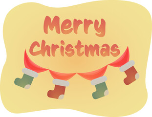 Lettering merry christmas with party socks on a ribbon vector flat illustration. New year style, holidays vibes, christmas mood. 