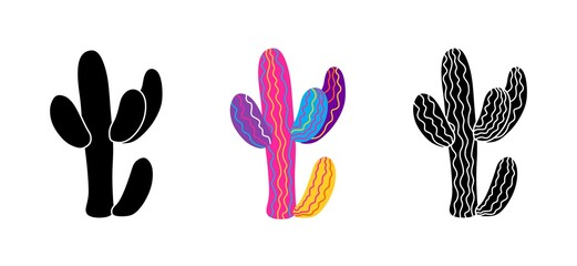 Vector illustration of cacti isolated on a white background. Icons, silhouettes of cacti. Mexican desert cactus, tropical plants, summer garden. Abstract creative decorative cactus, succulent, aloe