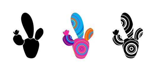 Vector illustration of cacti isolated on a white background. Icons, silhouettes of cacti. Mexican desert cactus, tropical plants, summer garden. Abstract creative decorative cactus, succulent, aloe