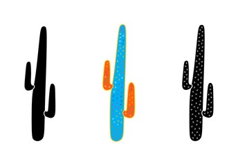 Vector illustration of cacti isolated on a white background. Icons, silhouettes of cacti. Mexican desert cactus, tropical plants, summer garden. Abstract creative decorative cactus, succulent, aloe