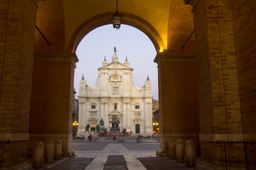 Loreto, Marche, province of Ancona. Piazza della Madonna with the facade of the Basilica di Santa...