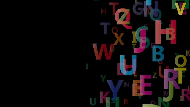 Abstract colorful ABC Alphabet on black background, letters in transparency. 2D animation. Loop footage 4k