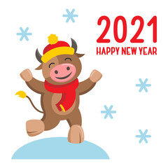 The year of the ox. Merry Christmas and happy new year 2021. Funny vector illustration..