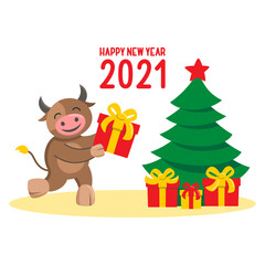 The year of the ox. Merry Christmas and happy new year 2021. Funny vector illustration..