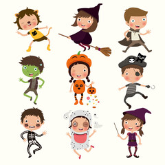 Halloween Party, Group of kids in Halloween costume, Vector flat style illustration