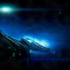 Space landscape with mountains and a bright star. Digital painting