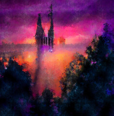 futuristic drawing with a fortress at dusk. Digital painting