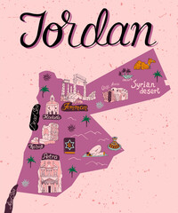 Illustrated map of attractions of Jordan. Culture and national color of the country