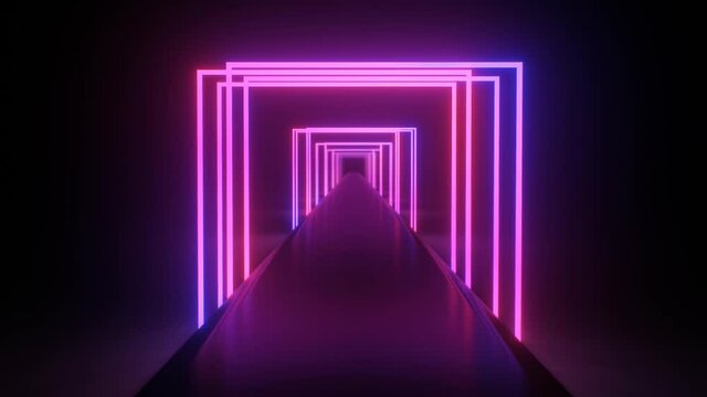 Ultraviolet Tunnel of Futuristic Neon Light Square Laser Reflection - 4K Seamless Loop Motion Background Animation