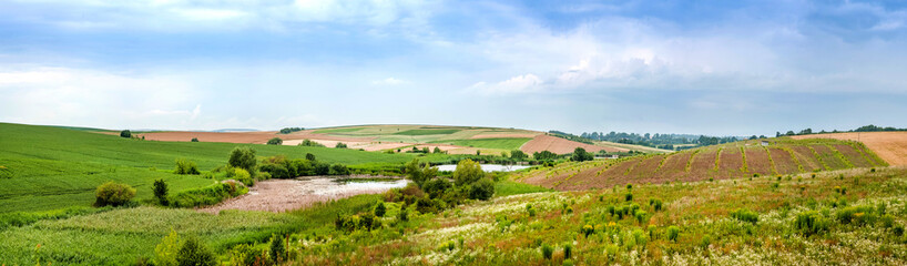 Fototapeta na wymiar panoramic view of agricultural land from above, picturesque landscapes with sky