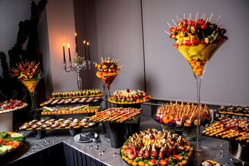 Fototapeta na wymiar Catering banquet table with various snacks and appetizers with a sandwich