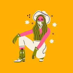 Stylish young Woman with a cowboy hat and bandana. Pink Cowboy girl sitting and wearing green boots and gloves. Hand drawn colored trendy Vector illustration. Isolated on a yellow background