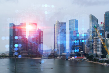 World planet Earth map hologram over panorama city view of Singapore, Asia. The concept of international connections and business. Multi Exposure.