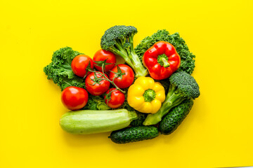 Background of vegetables. Fresh farm food - summer harvest, top view