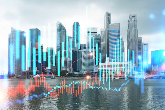 Forex and stock market chart hologram over panorama city view of Singapore, the financial center in Asia. The concept of international trading. Double exposure.