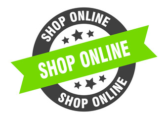 shop online sign. round ribbon sticker. isolated tag