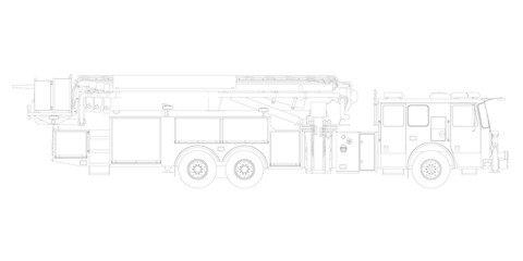 Outline of a fire truck from black lines isolated on a white background. Side view. Vector illustration