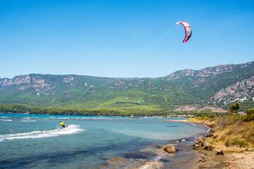 Kitesurfing in Gokova Gulf of Turkey.