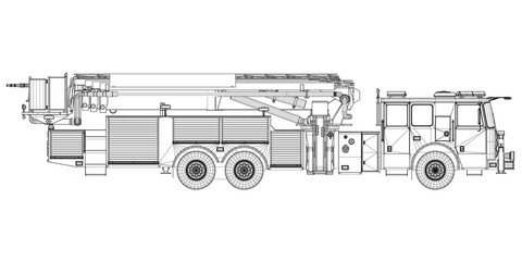 Fire truck wireframe from black lines isolated on white background. Side view. Vector illustration