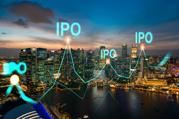 Hologram of IPO glowing icon, sunset panoramic city view of Singapore. The financial hub for transnational companies in Asia. The concept of boosting the growth by IPO process. Double exposure.