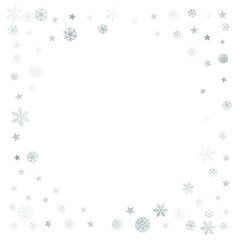 Silver Christmas snow background. Winter snowflakes subtle frame decoration on white, greeting card. New Year Holidays subtle backdrop. Noel Vector illustration