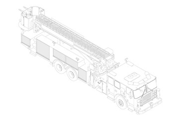Outline of a fire truck from black lines isolated on a white background. Isometric view. Vector illustration