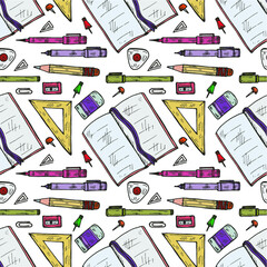 Seamless pattern with cute hand drawn art tools including pencils; pens and others. Vector hand drawn art collection