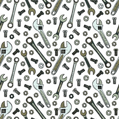 Seamless pattern with house repair tools including wrenchs, bolts and other. Vector hand drawn collection