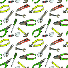Seamless pattern with house repair tools including hammer; sledgehammer; wrench; screwdriver; pliers and other. Vector hand drawn collection 