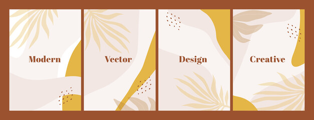 Stylish set of templates with abstract shapes and hand draw leaves in pastel colors. Neutral background in boho style. Vector Illustration © Xenia800
