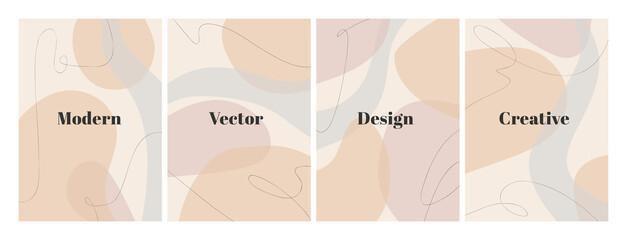 Set of stylish templates with organic abstract shapes and line in nude colors. Pastel background in minimalist style. Contemporary vector Illustration - 375371286