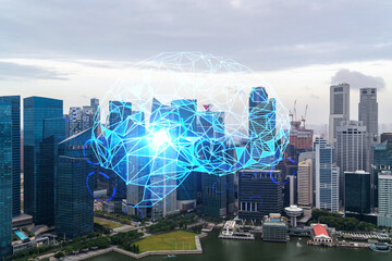 Brain hologram over panorama city view of Singapore, the largest science hub in Asia. The concept of developing coding and high-tech science. Double exposure.
