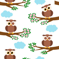 Seamless pattern Cute owl sitting on a tree branch leaves flowers sky clouds vector illustration