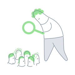User research, identification of clients, business analyst, or UX designer at work. The survey, inside, or user identification concept. Cute cartoon male magnifying a crowd of people.