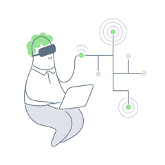 Amazed business man touching interface during the VR or AR experience. Futuristic technology concept. Flat line vector illustration.