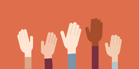 People vote with their hands. Raised hands of people of different nationalities. Vote by show of hands. Vector isolated illustration.
