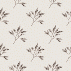 Minimalistic seamless pattern with branches ornament. Outline foliage in brown colors on light grey dotted background.