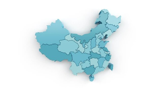 Map of China in blue-green colors, top view. Formed by separate areas falling from top to bottom against a white background.