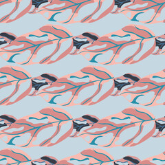 Pastel seamless pattern with hand drawn monstera leafs. Pink exotic foliage on soft blue background.
