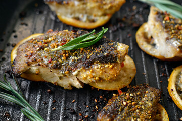 Grilled fish with lemon, herbs and rosemary. Fried fish fillets in a grill pan. Close-up.