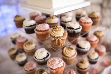 small variety cupcakes on clear cake stand