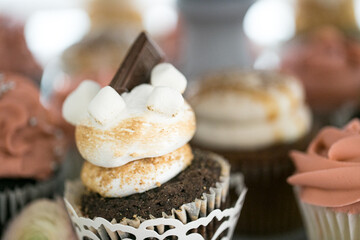 close up of chocolate cupcake with white frosting, marshmallows and chocolate