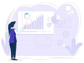 Online geographic videos. Woman adds the latest business data. digital concepts, remote work, and business communications.