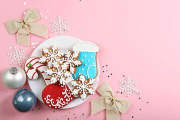 christmas cookies and christmas accessories top view. New year or christmas background with place for text
