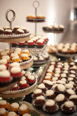 multiple small cupcakes on dessert table